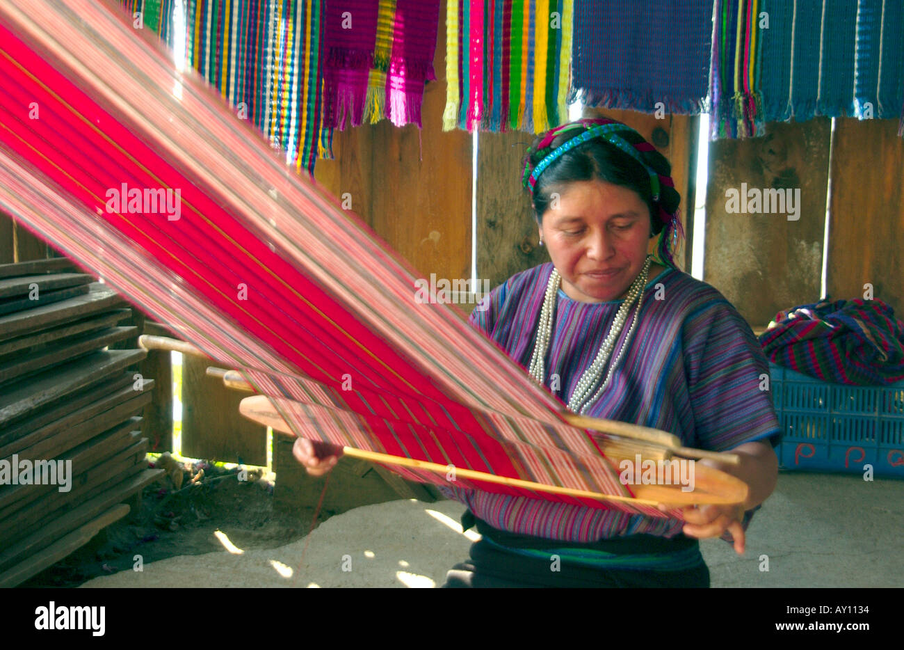 Guatemalan lady weaving cloth in Santa Catarina Palopo, Guatemala Stock
