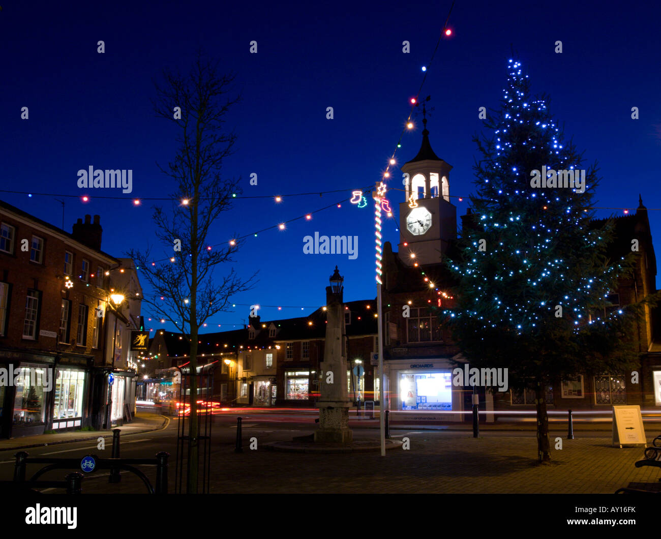 Ampthill town centre at Christmas including Christmas tree and lights
