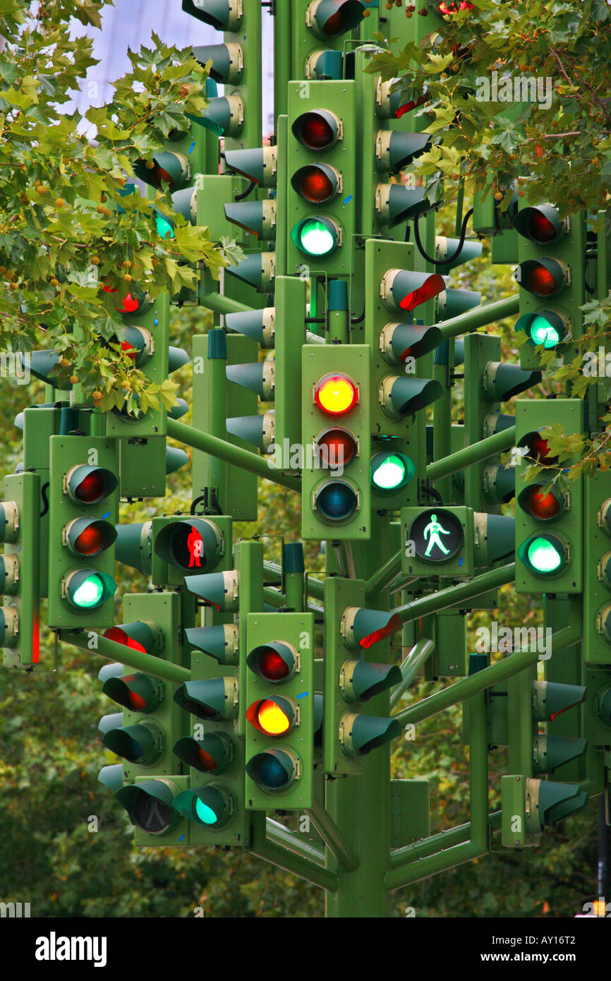 Traffic light sculpture on a Canary Wharf traffic island in London