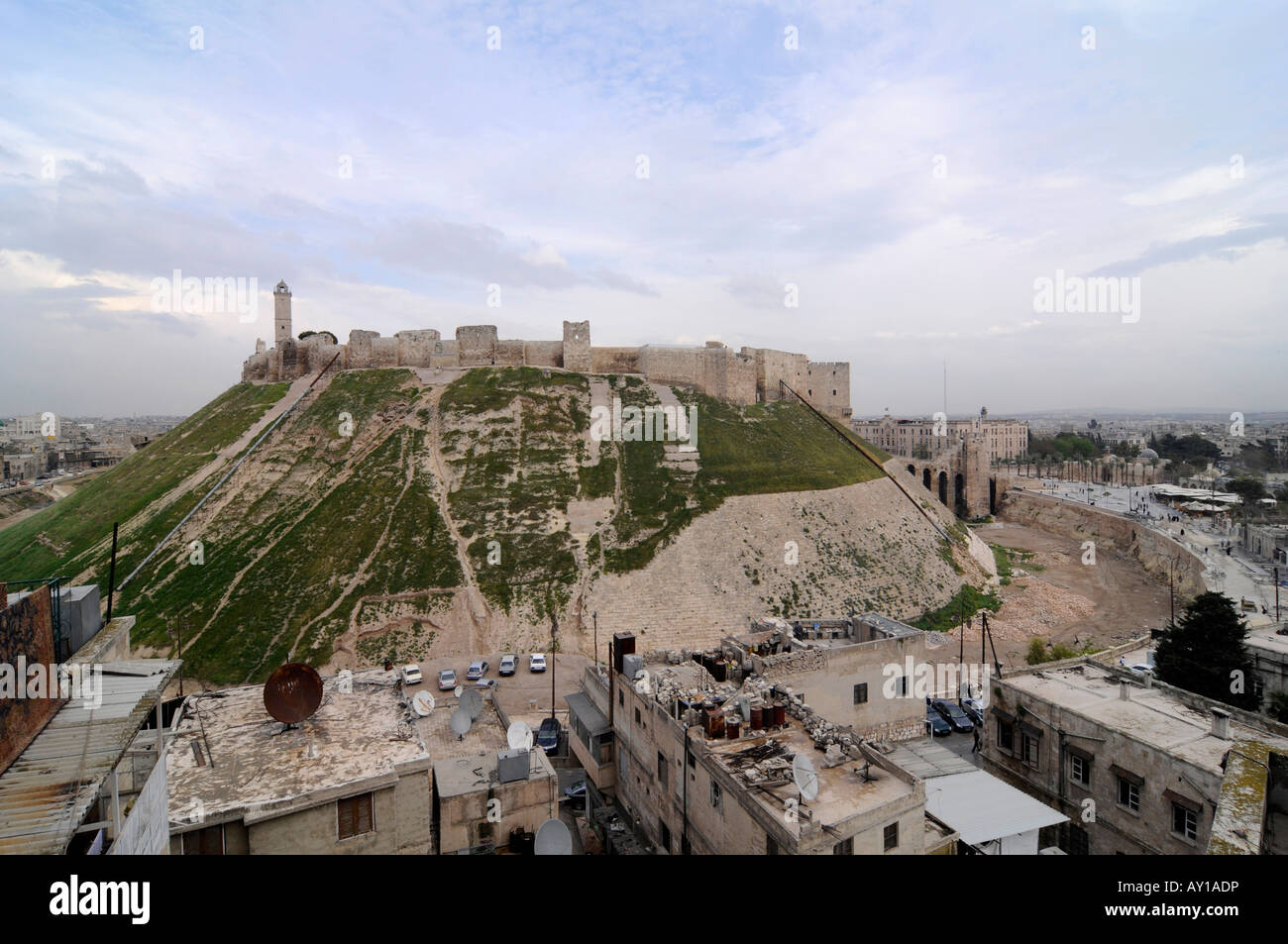An overview of the citadel in the old town of Aleppo, Syria Stock Photo