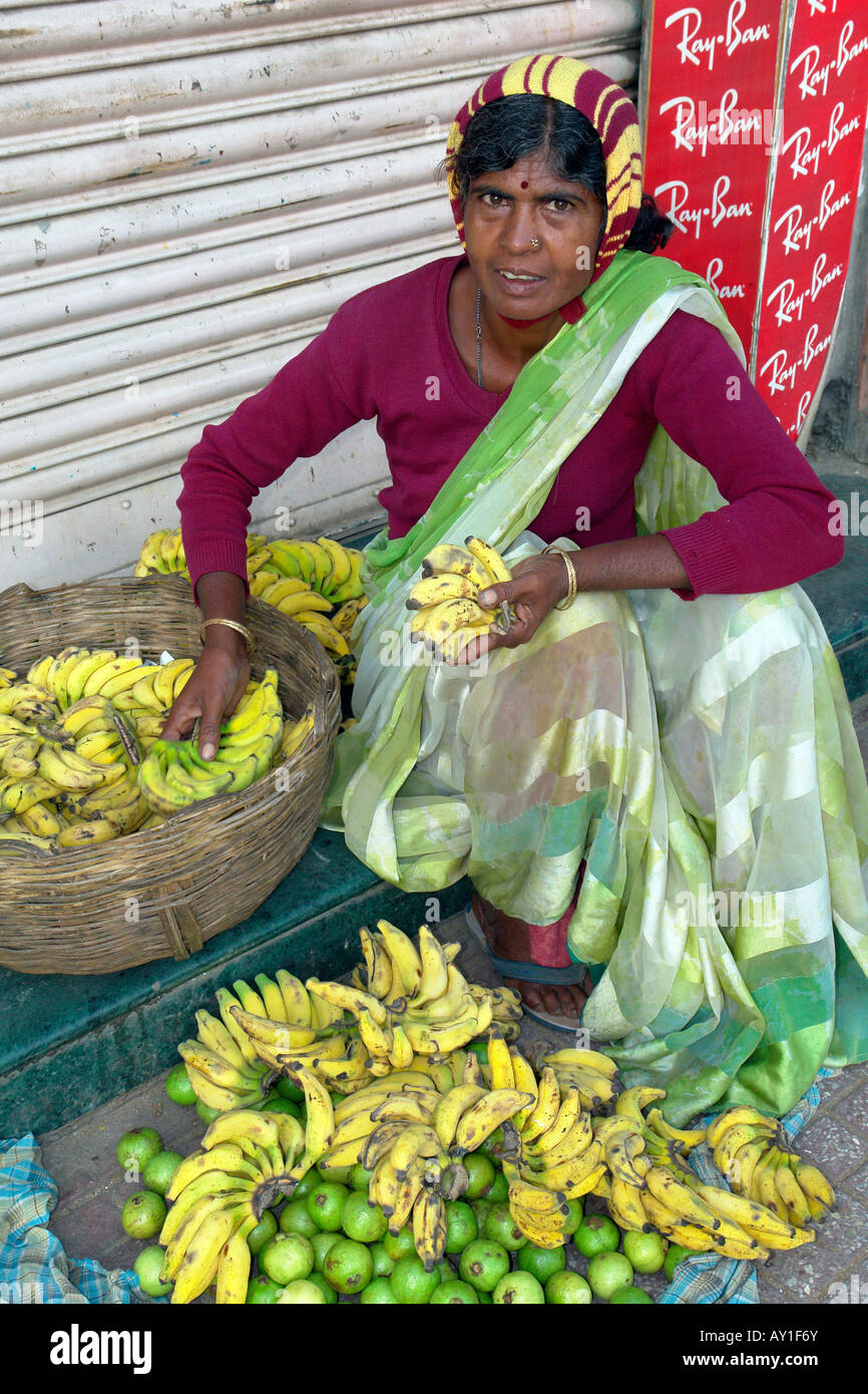 indian woman banana seller at the devaraja fruit and vegetable market ...