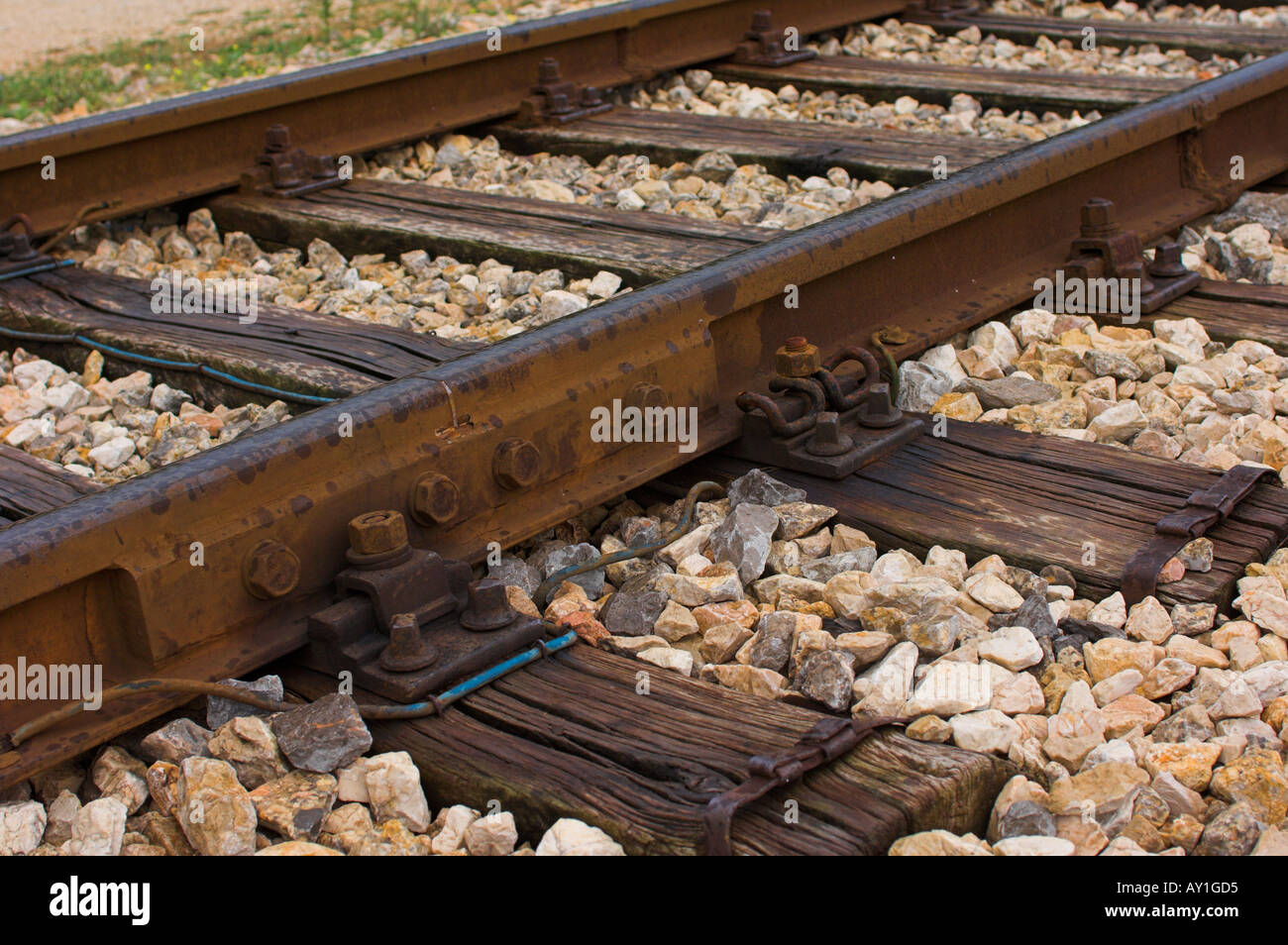 Rail joint and railway track locking springs Stock Photo Alamy