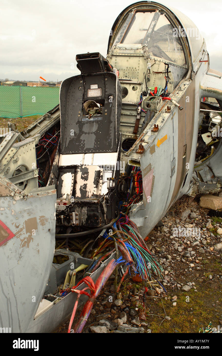 Two seat Harrier T4 jump jet military aircraft jet plane wreck showing smashed cockpit and ejection seat Stock Photo