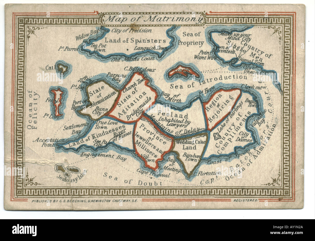 Valentine greeting card of the Map of Matrimony circa 1890 Stock Photo