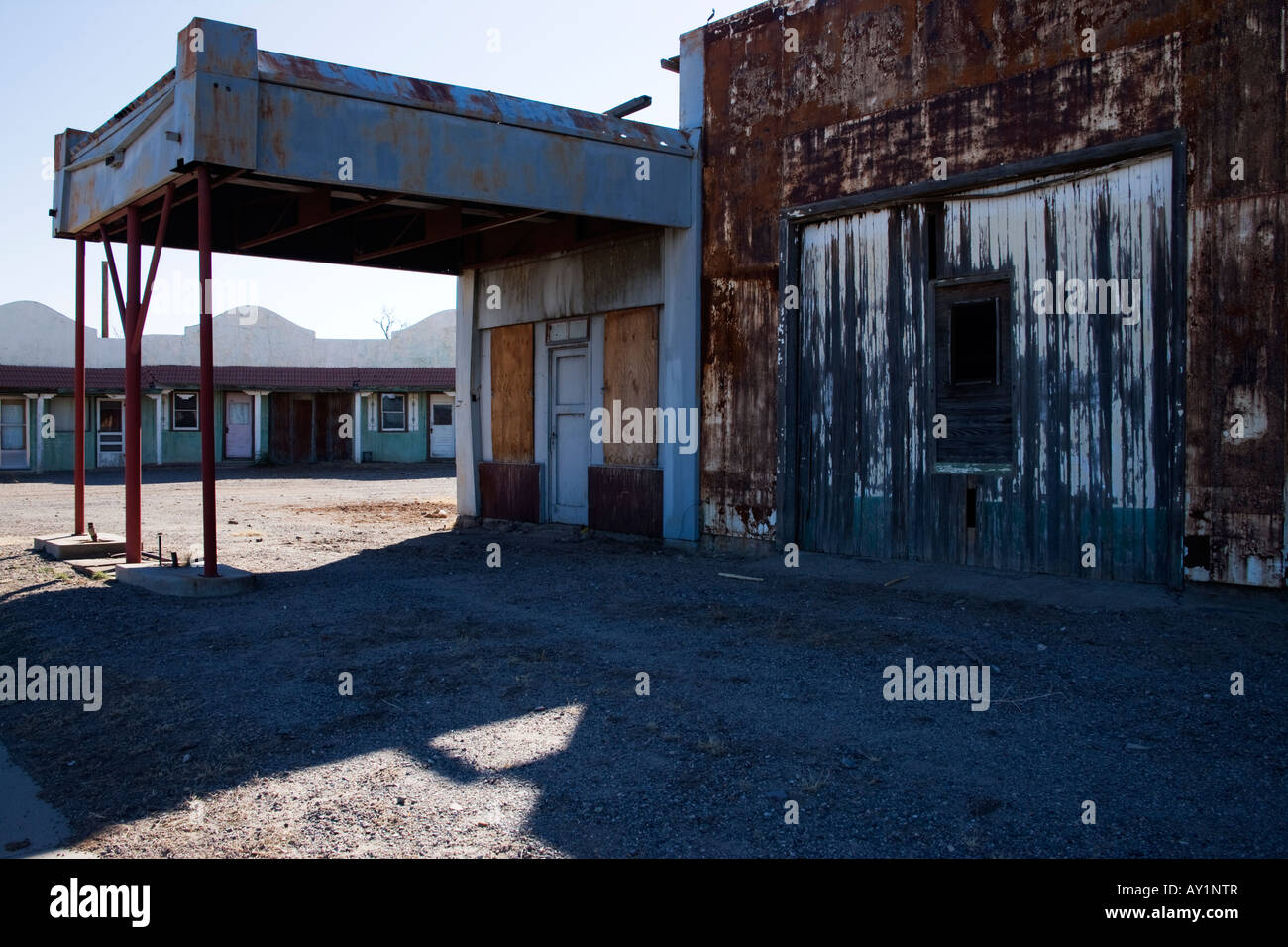Old Gas & Service Station with auto court in background . Stock Photo