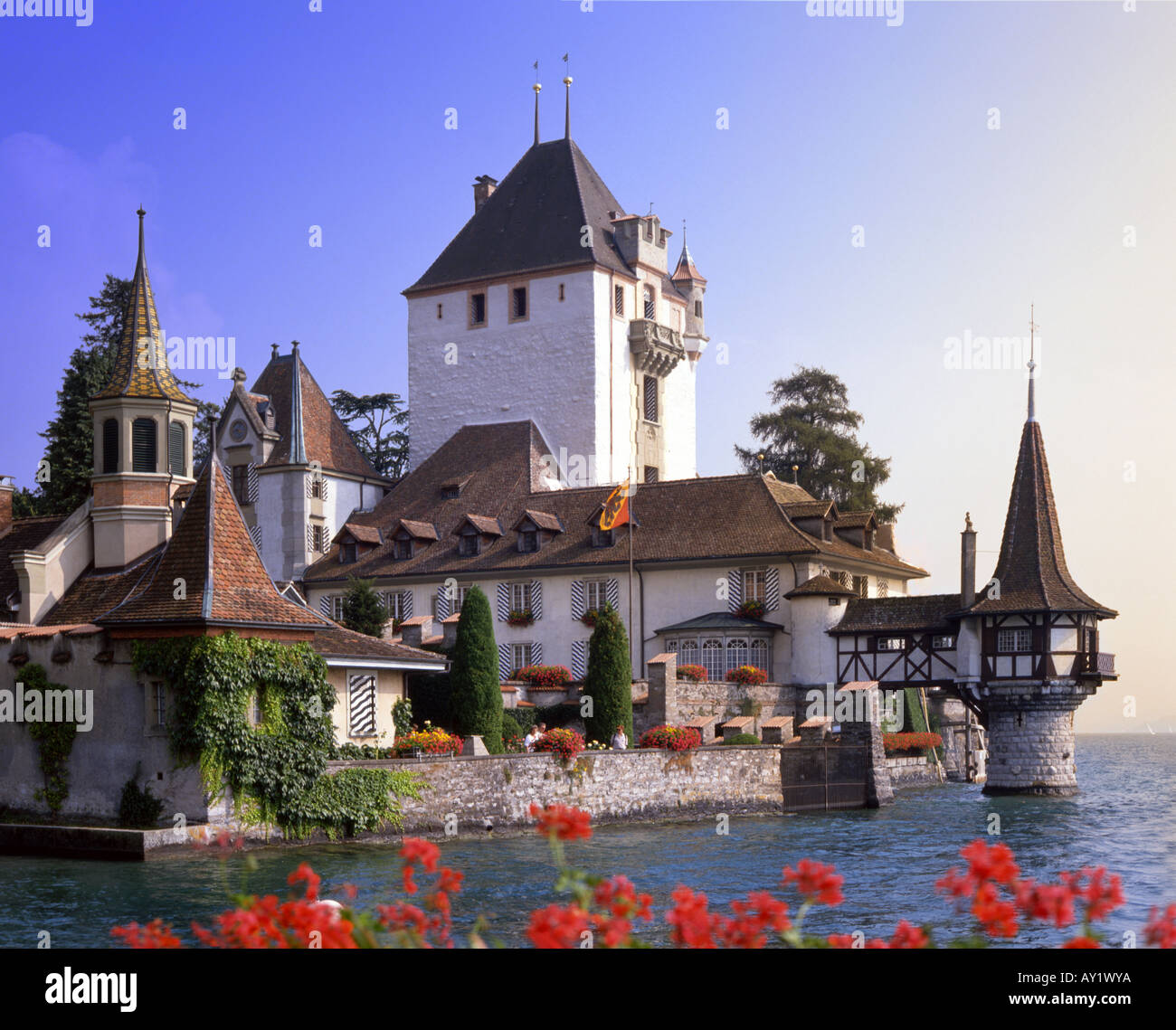 Castle of Oberhofen by Lake Thun in Switzerland Stock Photo