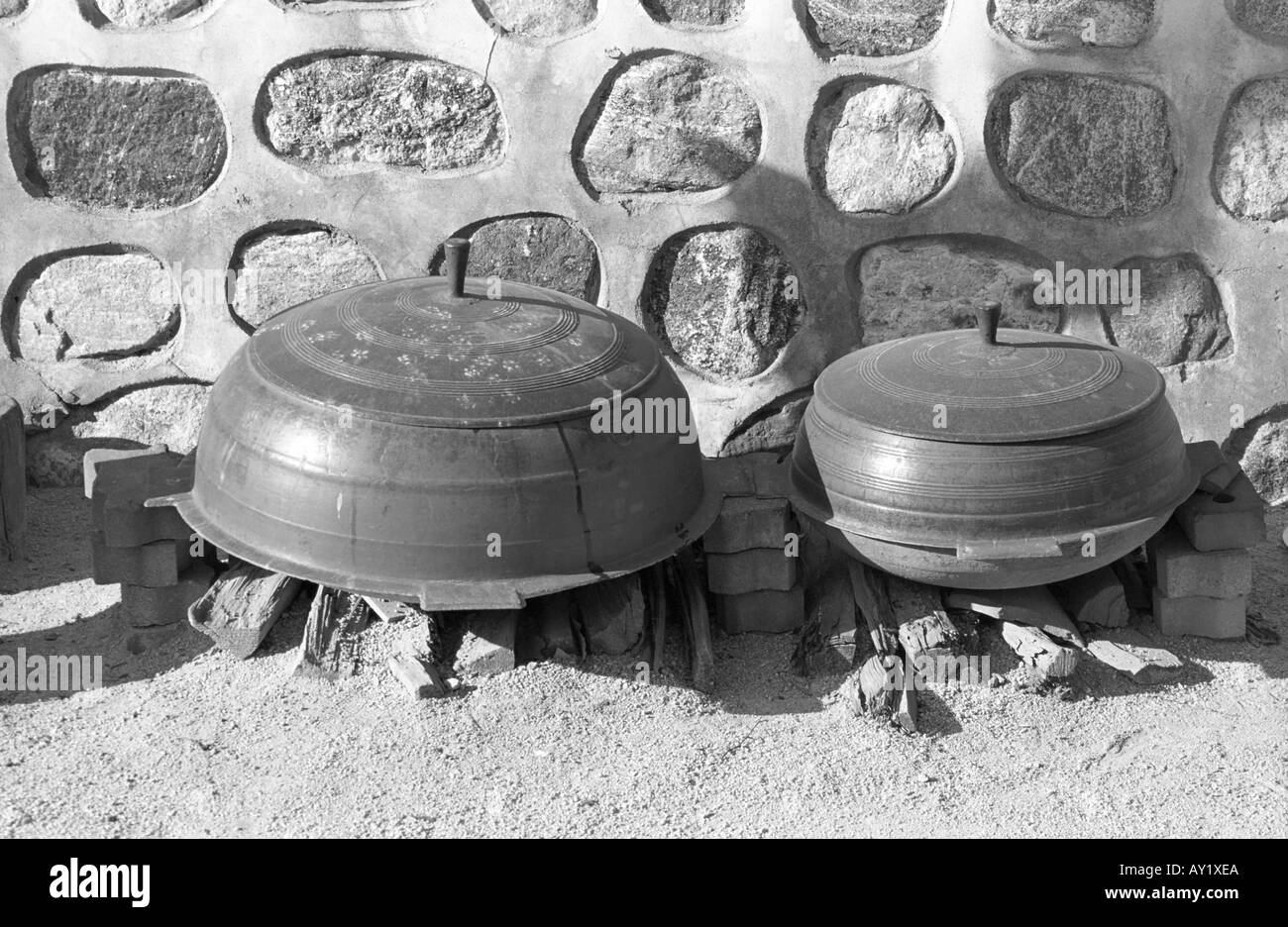 Traditional outdoor cooking pots at a Traditional Village in Seoul city South Korea Stock Photo
