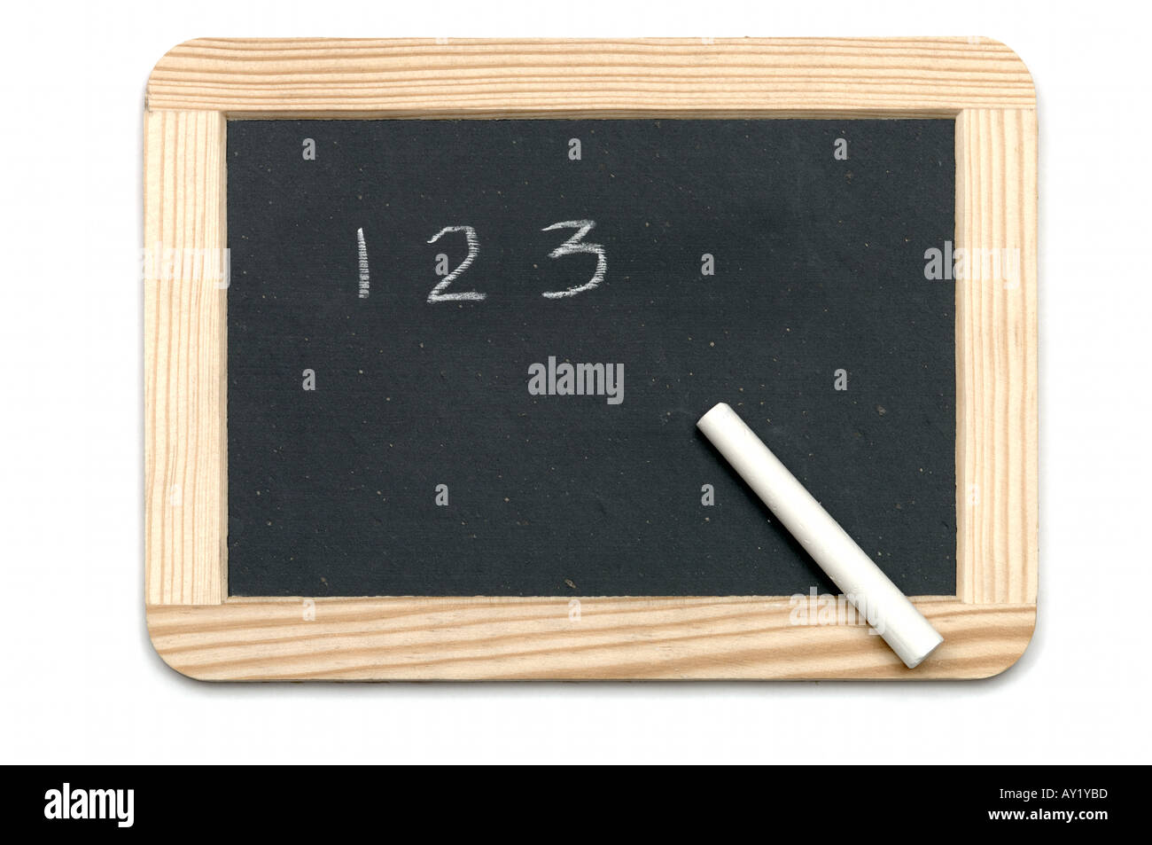Victorian style black writing slate with wooden frame 123 1 2 3 written with chalk on white background Stock Photo