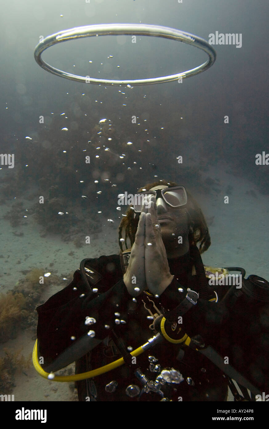 Bubble rings made by diver float to the surface Bubbles are made