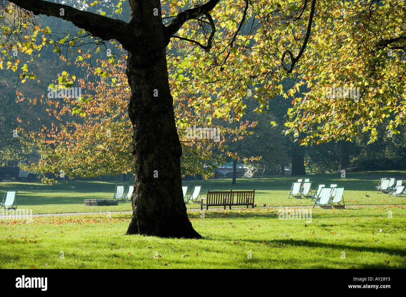 Deck chairs in St James’ Park in autumn Stock Photo - Alamy