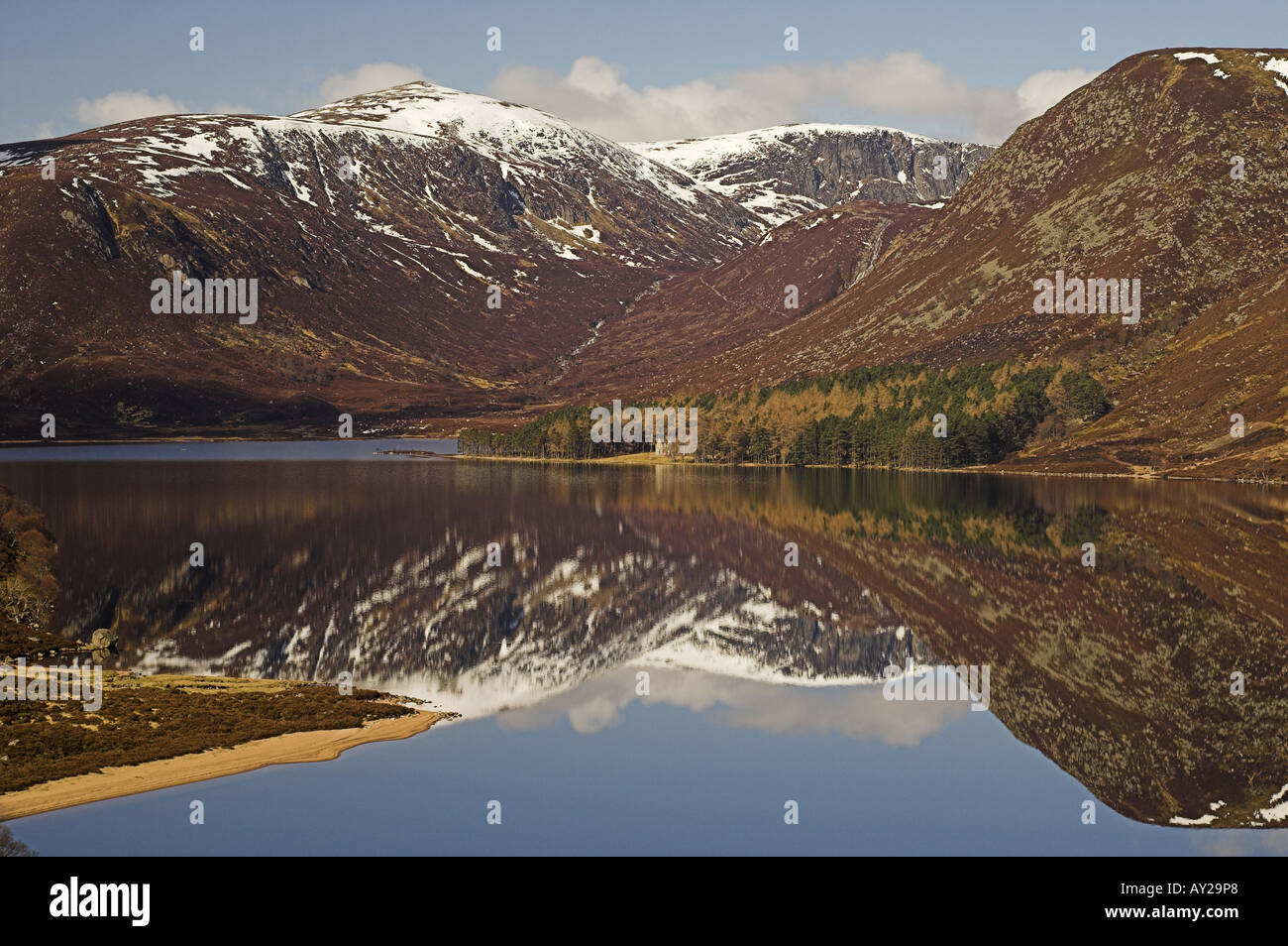 Loch Muick, Broad Cairn, and Glas-allt Shiel lodge and wood, in the Cairngorms National Park. Stock Photo