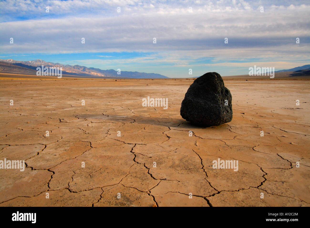 Dry Lake Bed (Playa) with single rock near Death Valley, California Stock Photo