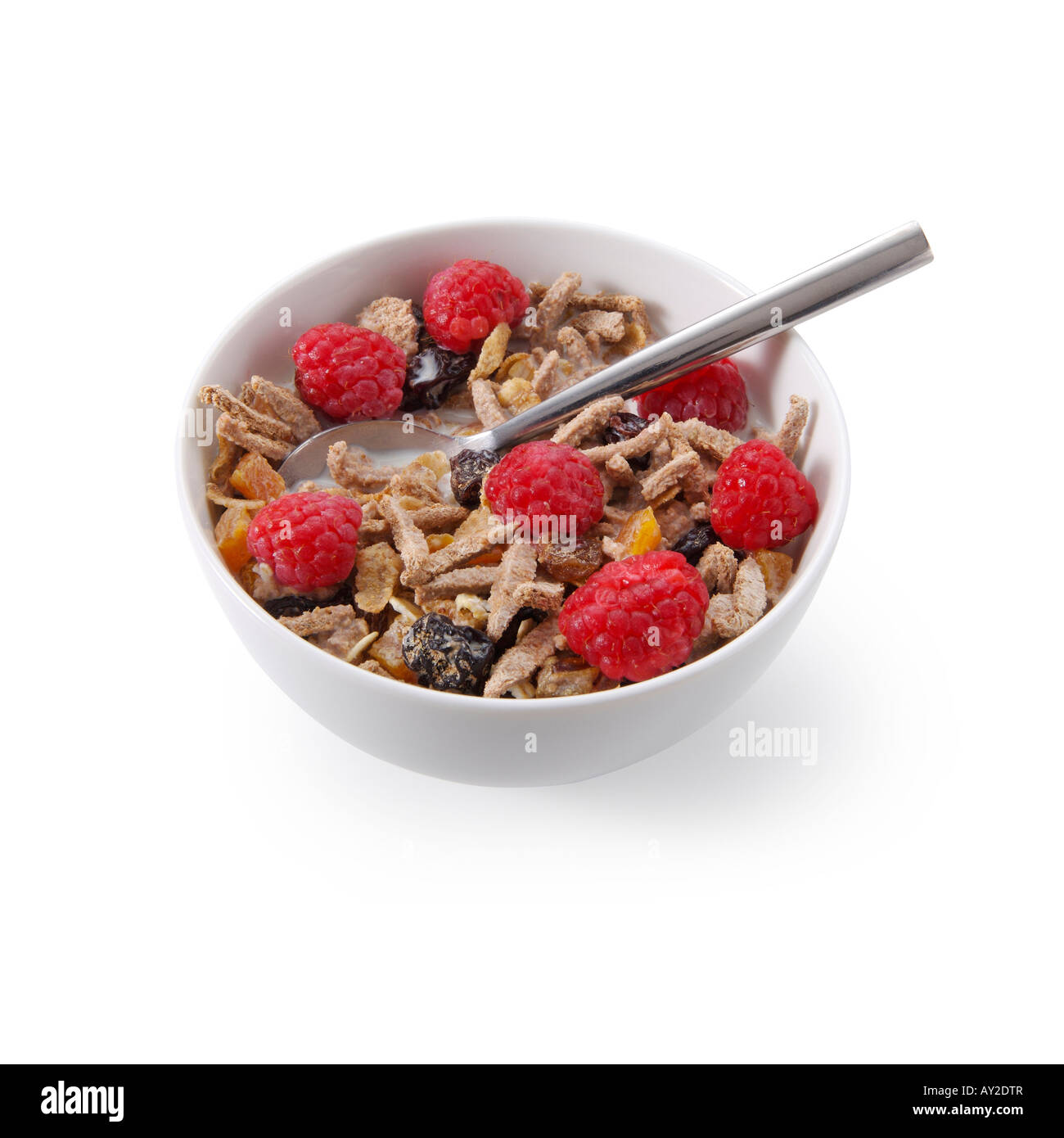 Bowl of high fibre cereal with raspberries Stock Photo