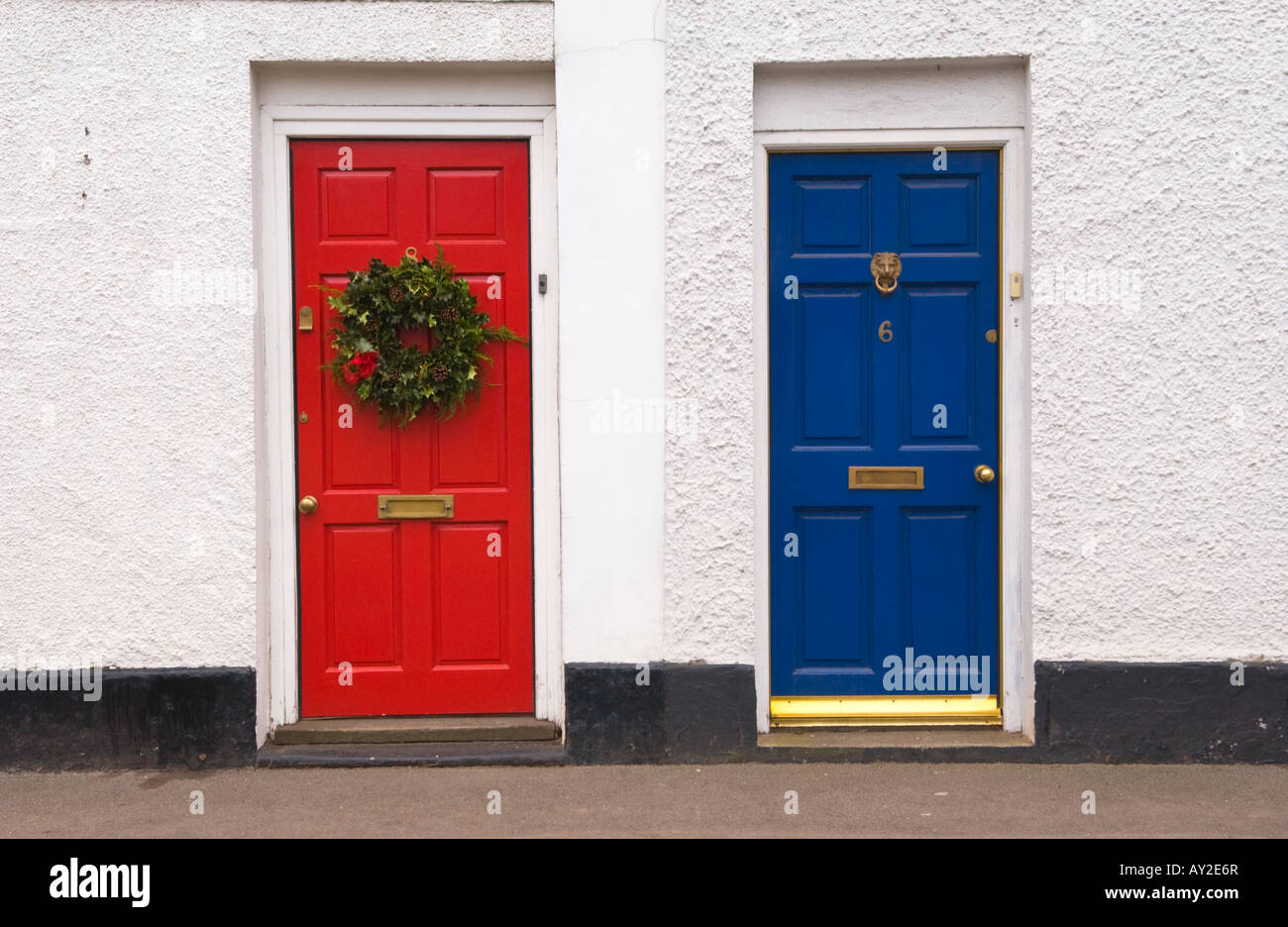 Holly Wreath Red Front Door Blue Door Stock Photos Holly Wreath
