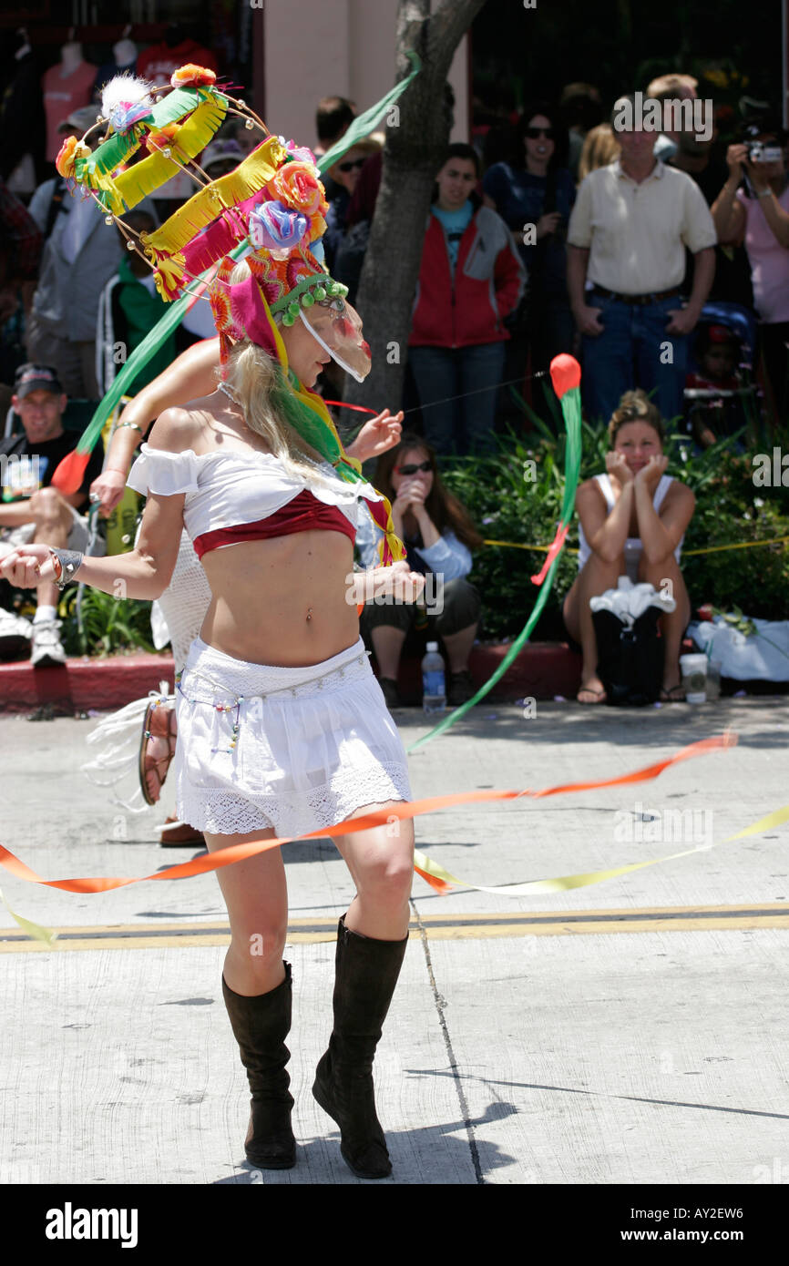 Woman dancing in the Summer Solstice parade, Santa Barbara, California