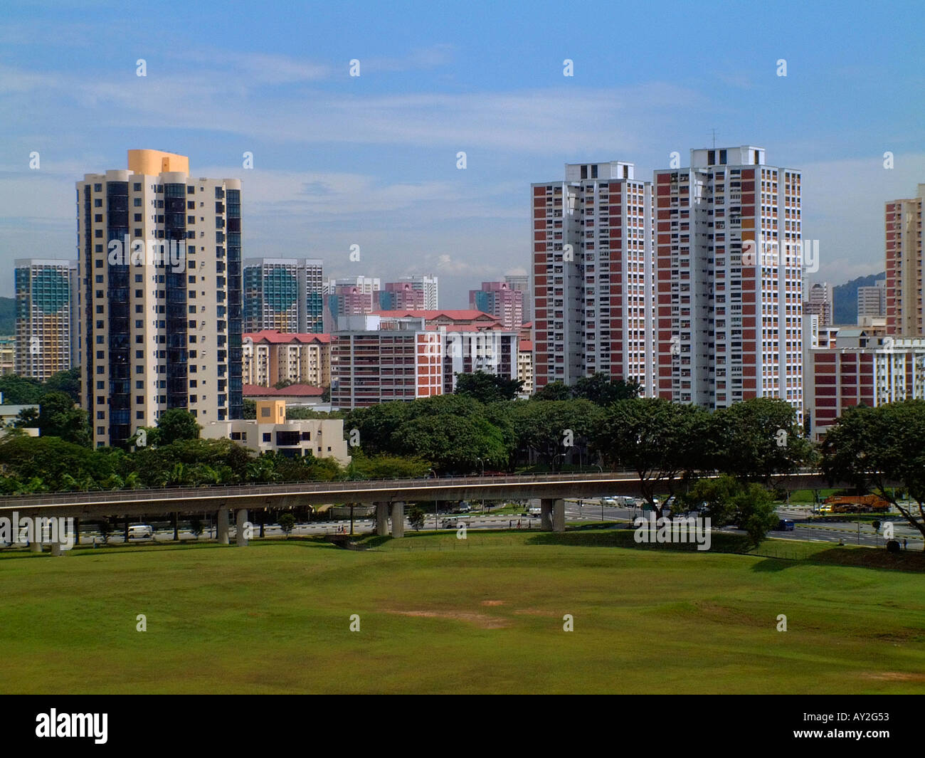 High rise apartment buildings and MRT subway line in Singapore Stock Photo