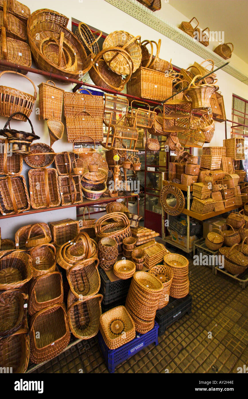 Traditional wickerwork basket shop at the Mercado dos Lavradores Funchal Madeira Portugal Stock Photo