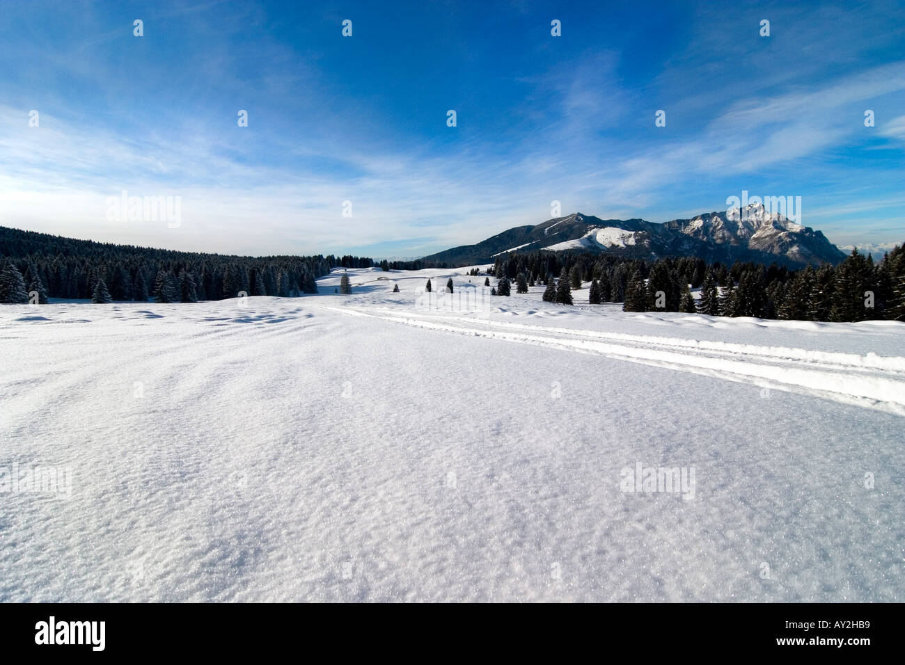 panorarama lanscape mountain landscape with snow and sky much smooth one blue with withe clouds Stock Photo