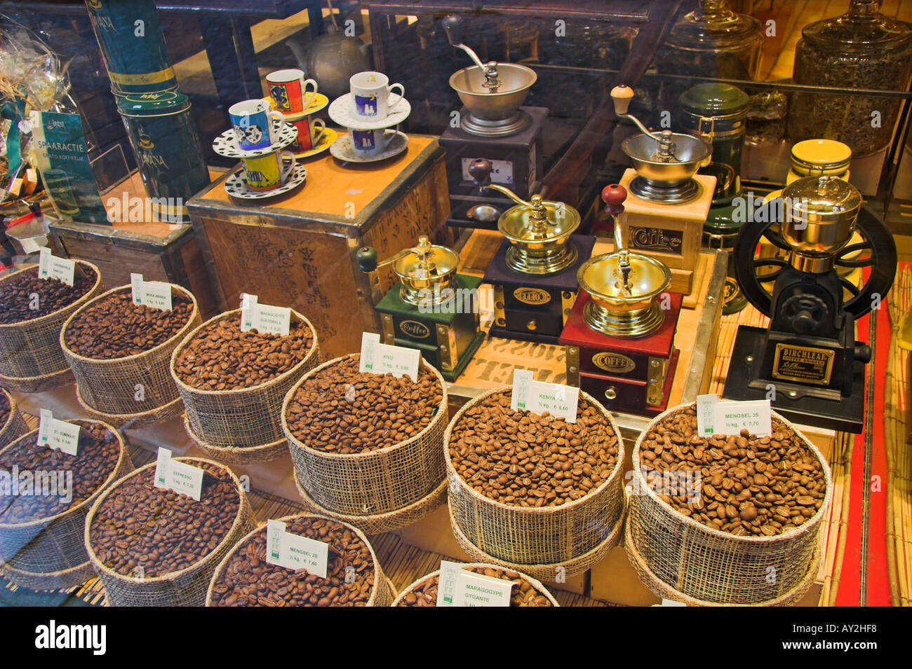 Window display of Javana tea and coffee shop Steenstraat Bruges Belgium Stock Photo