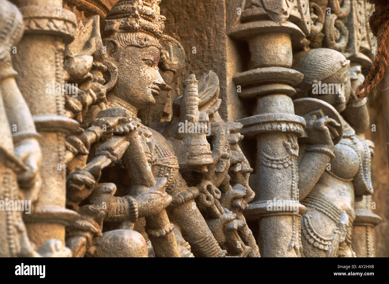 Carved stone figures, Patan step well called the Rani ki vav, Gujarat, India. Built about 1050 A.D. Stock Photo