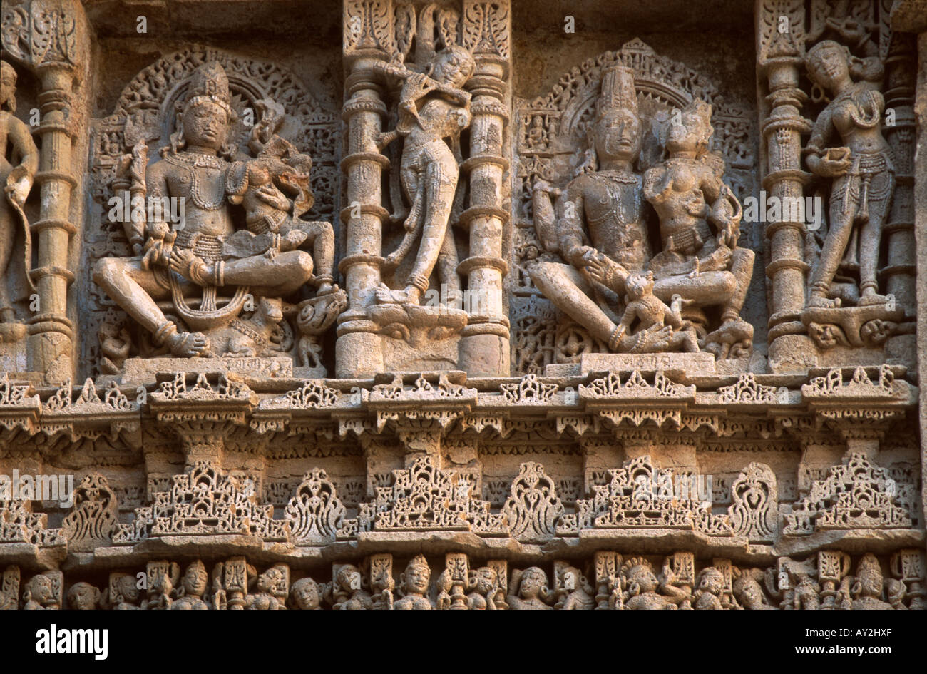 Carved stone Hindu figures, Patan step well called the Rani ki vav, Gujarat, India. Built about 1050 A.D. Stock Photo