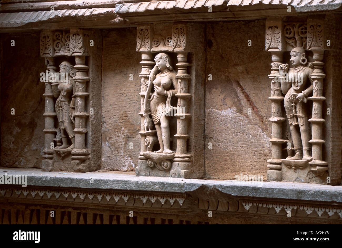 Carved stone figures, Patan step well called the Rani ki vav, Gujarat, India. Built about 1050 A.D. Stock Photo
