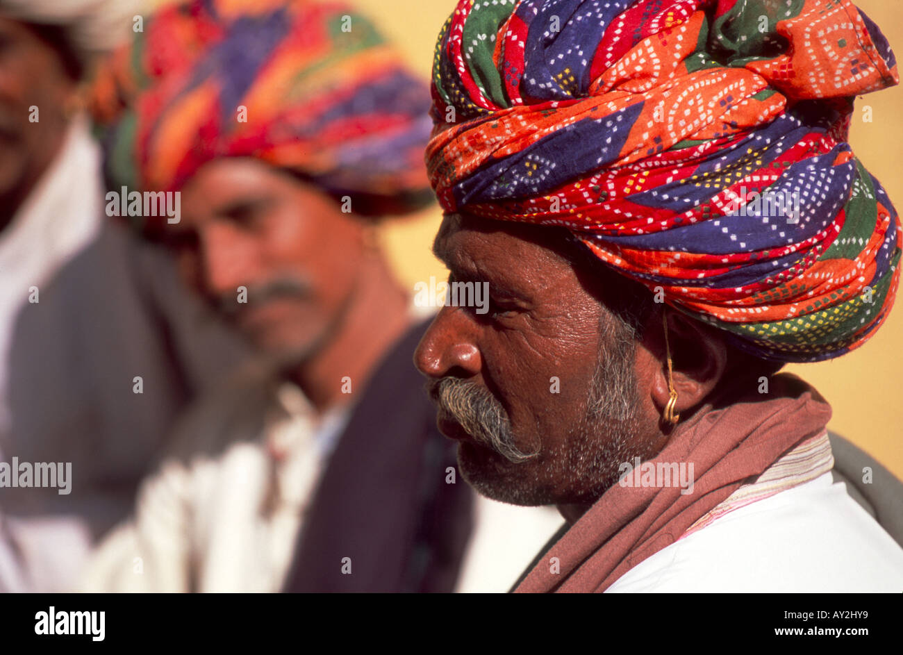Men with colorful turbans, Patan, Gujarat, India. Stock Photo