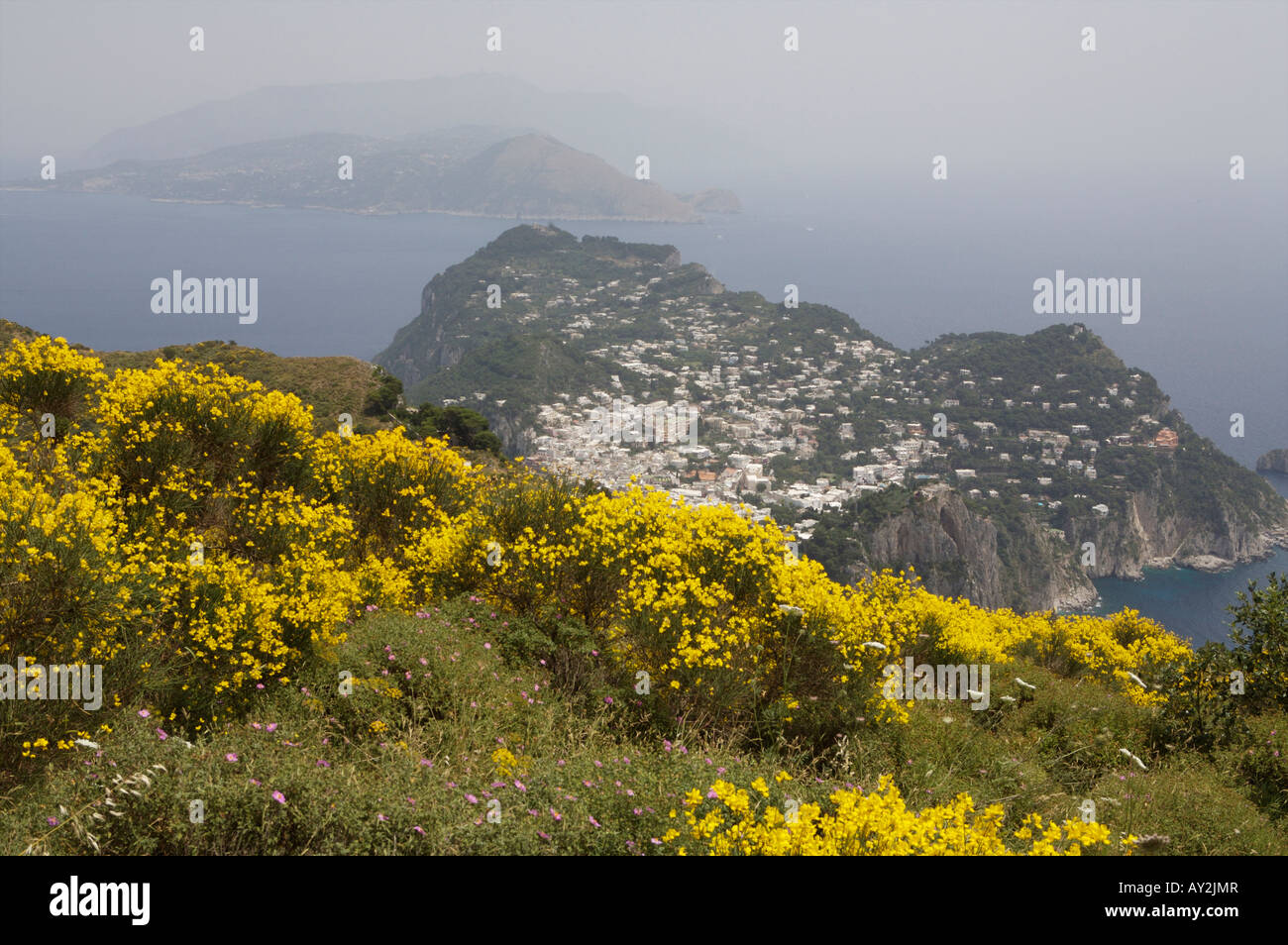 The view of the village of Capri on the Isle of Capri from the cable car at Anacapri in the mountains Stock Photo