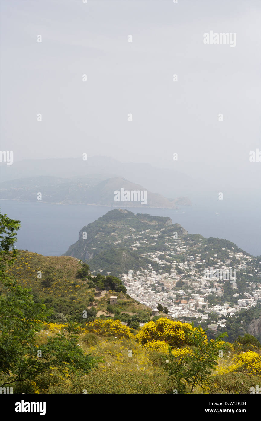 The view of the village of Capri on the Isle of Capri from the cable car at Anacapri in the mountains Stock Photo