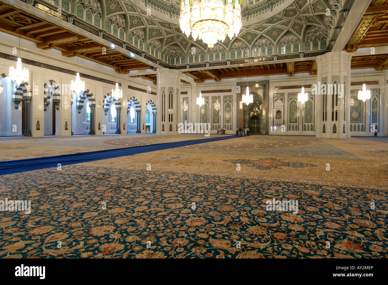 Interior of the prayer area of the Sultan Qaboos Grand Mosque in Muscat, the capital of Oman. Stock Photo