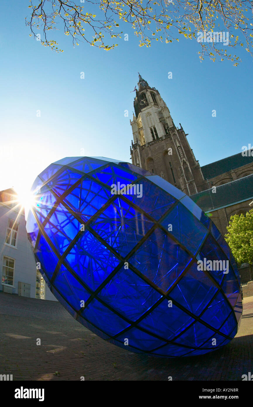 Blue Heart sculpture in front of the New Church, Delft, Holland, Netherlands Stock Photo