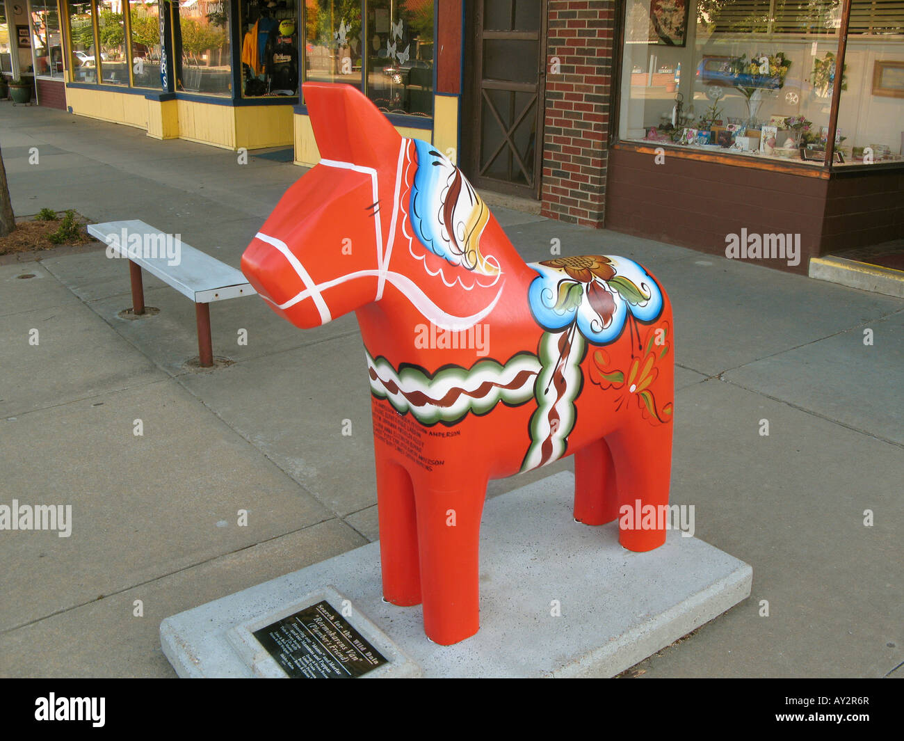 Painted wild dala horse statue in downtown Kansas, USA Stock
