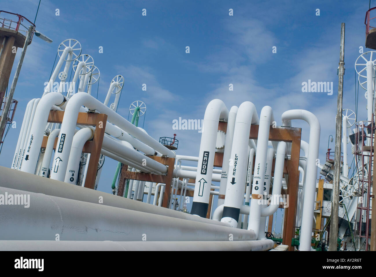 An system of ducts carries refined hydrocarbons to tankers and also receives incoming crude oil at Pemex Pajaritos complex Stock Photo