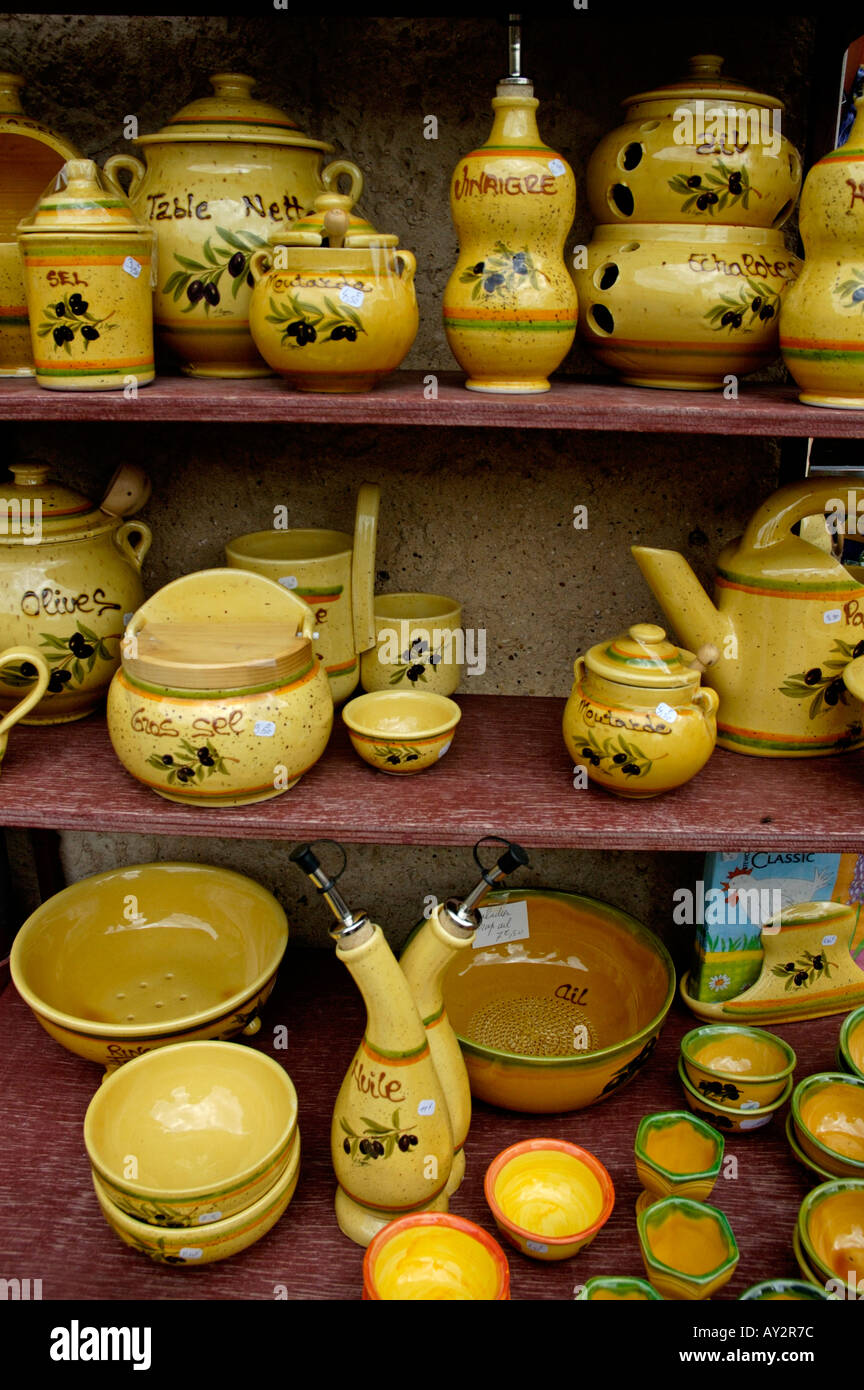 Pottery on display inside a shop, Moustiers-Sainte-Marie, Provence, France  Stock Photo - Alamy