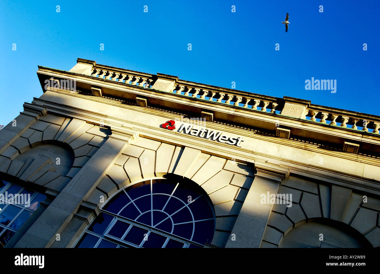 The Neoclassical Facade of a Nat West Bank branch Stock Photo