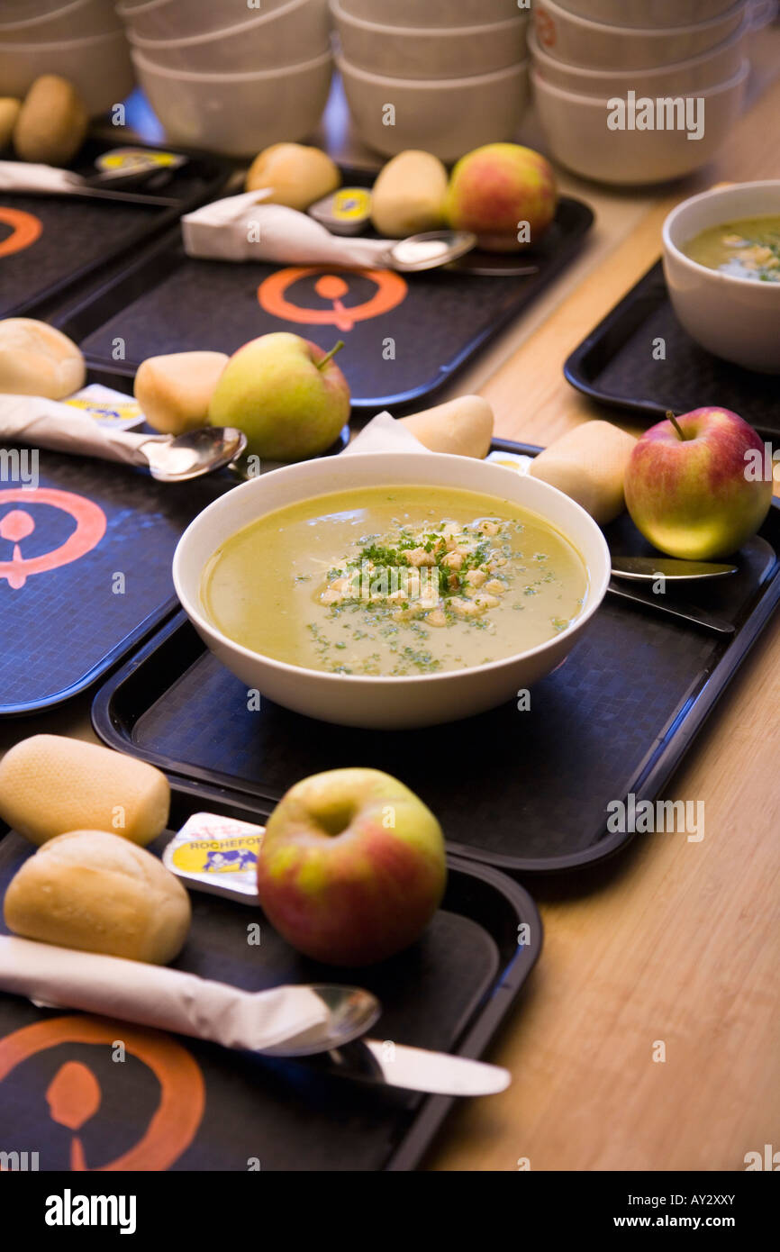 Tray with bowl soup at a soup kitchen restaurant cafe in Ghent, Belgium