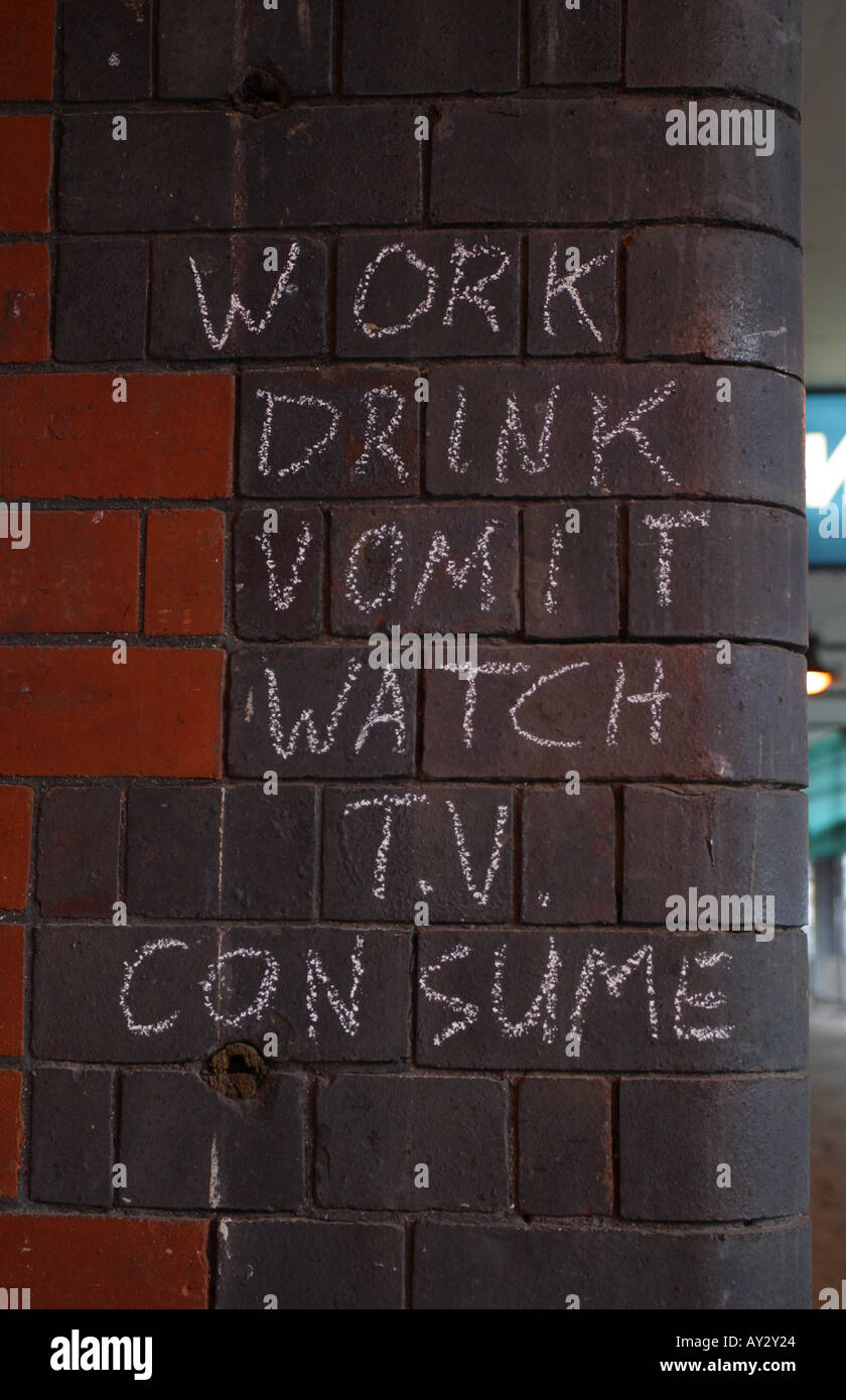 City Centre graffiti Work Drink Vomit Watch TV Consume Stock Photo