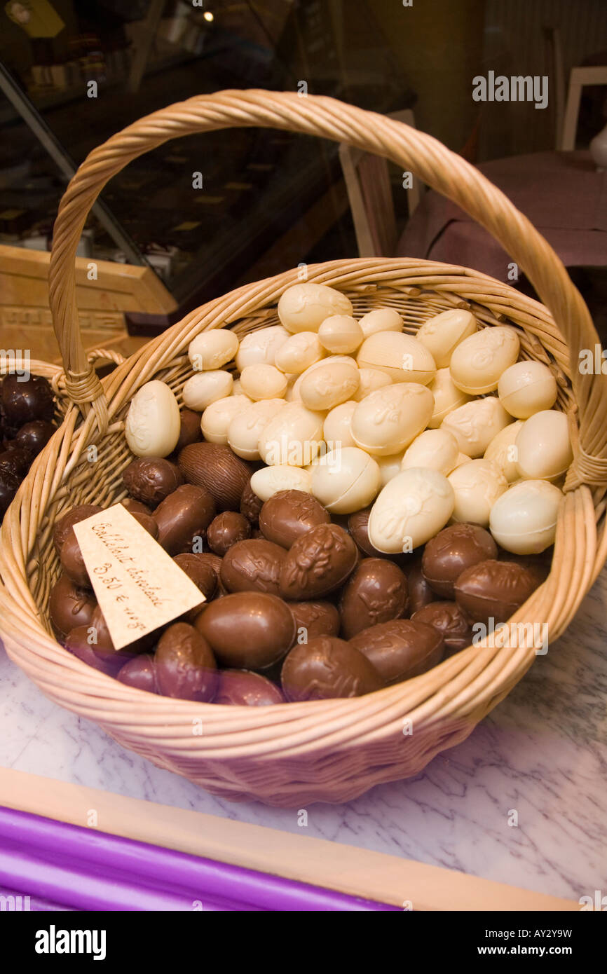 Dark and white milk Belgian chocolate eggs in Belgium chocolate shop in