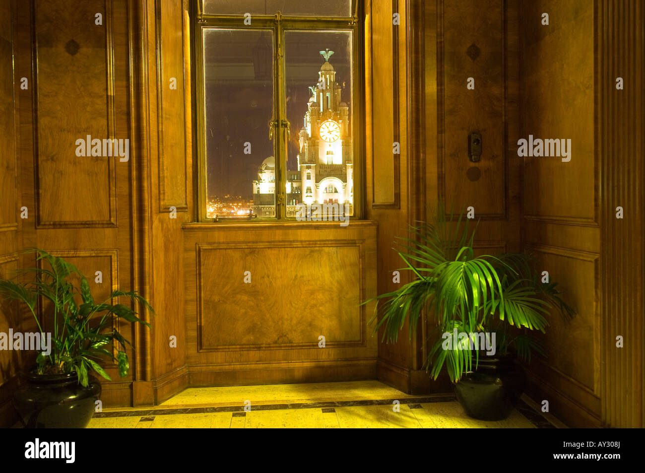 Night view of Liver Buildings from Martins Bank Building Stock Photo