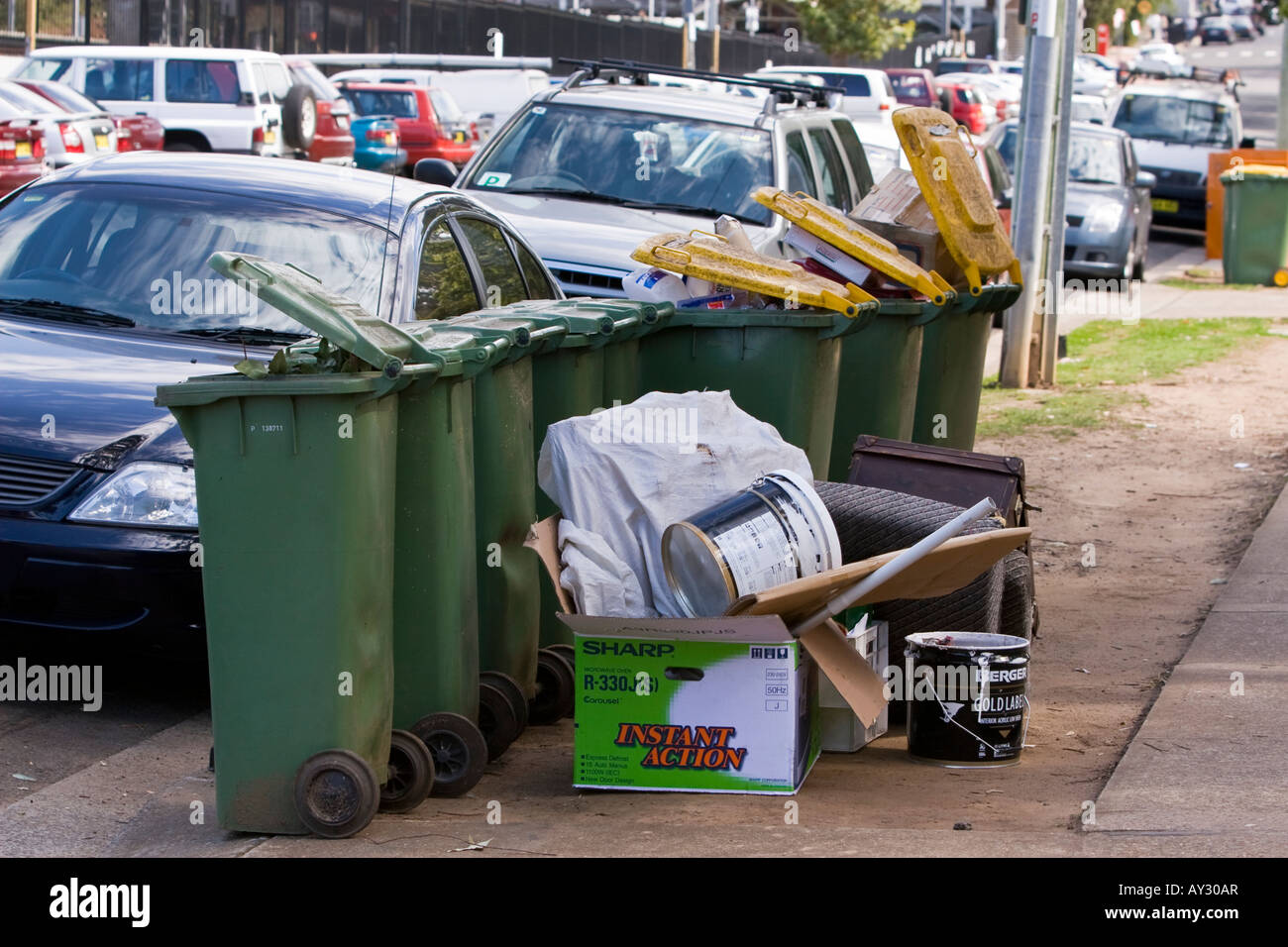 Rubbish bins awaiting collection on a suburban street and cars parked