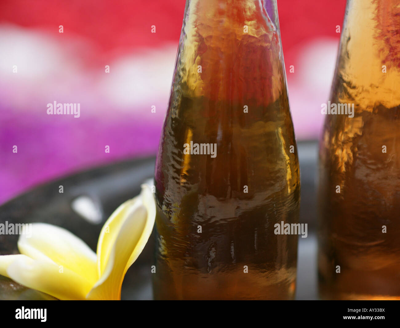 Close-up of a Frangipani flower with two bottles of massage oil (Plumeria) Stock Photo