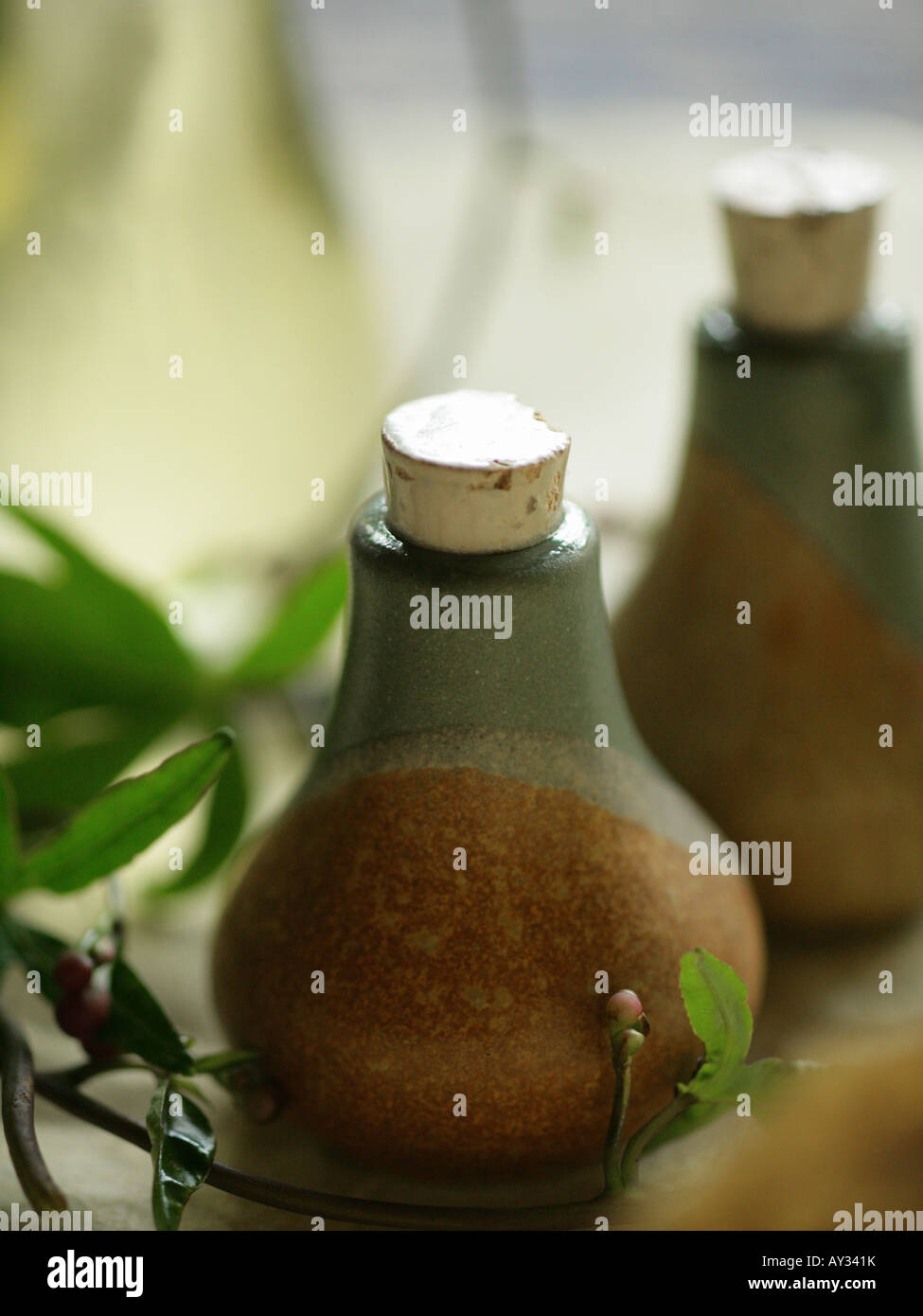 Close-up of leaves with three bottles of massage oil Stock Photo