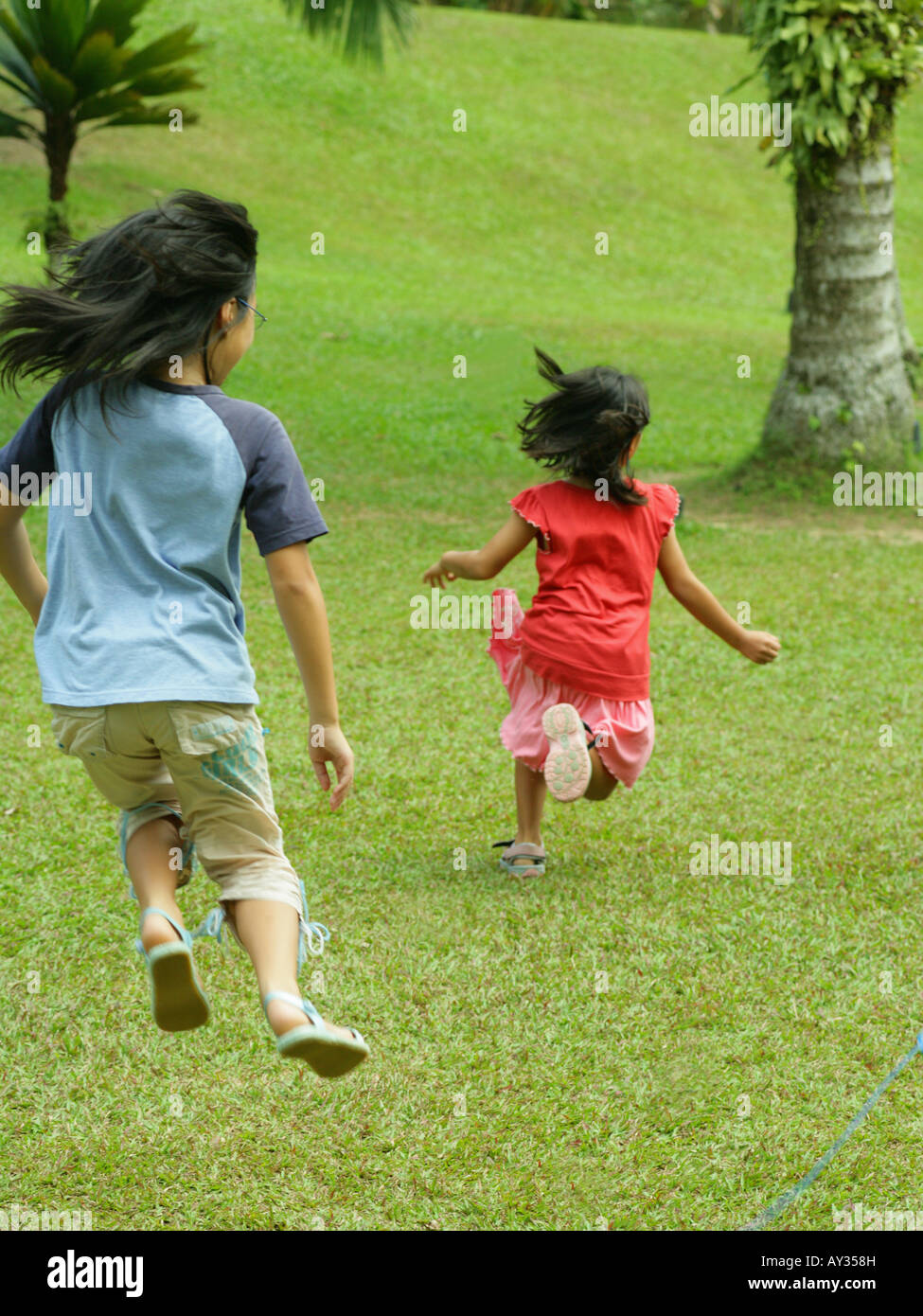 Rear view of a girl chasing her sister in a park Stock Photo Alamy