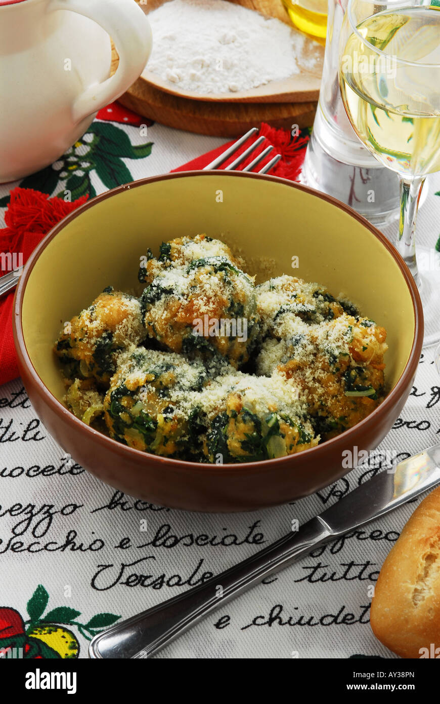 Knodels with spinachs - Trentino Alto Adige - Italian kitchen Stock Photo
