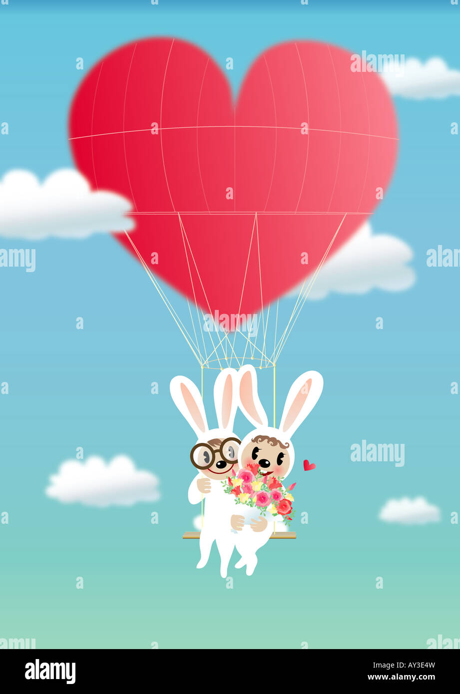 Two rabbits riding on a heart shaped parachute and holding flowers ...