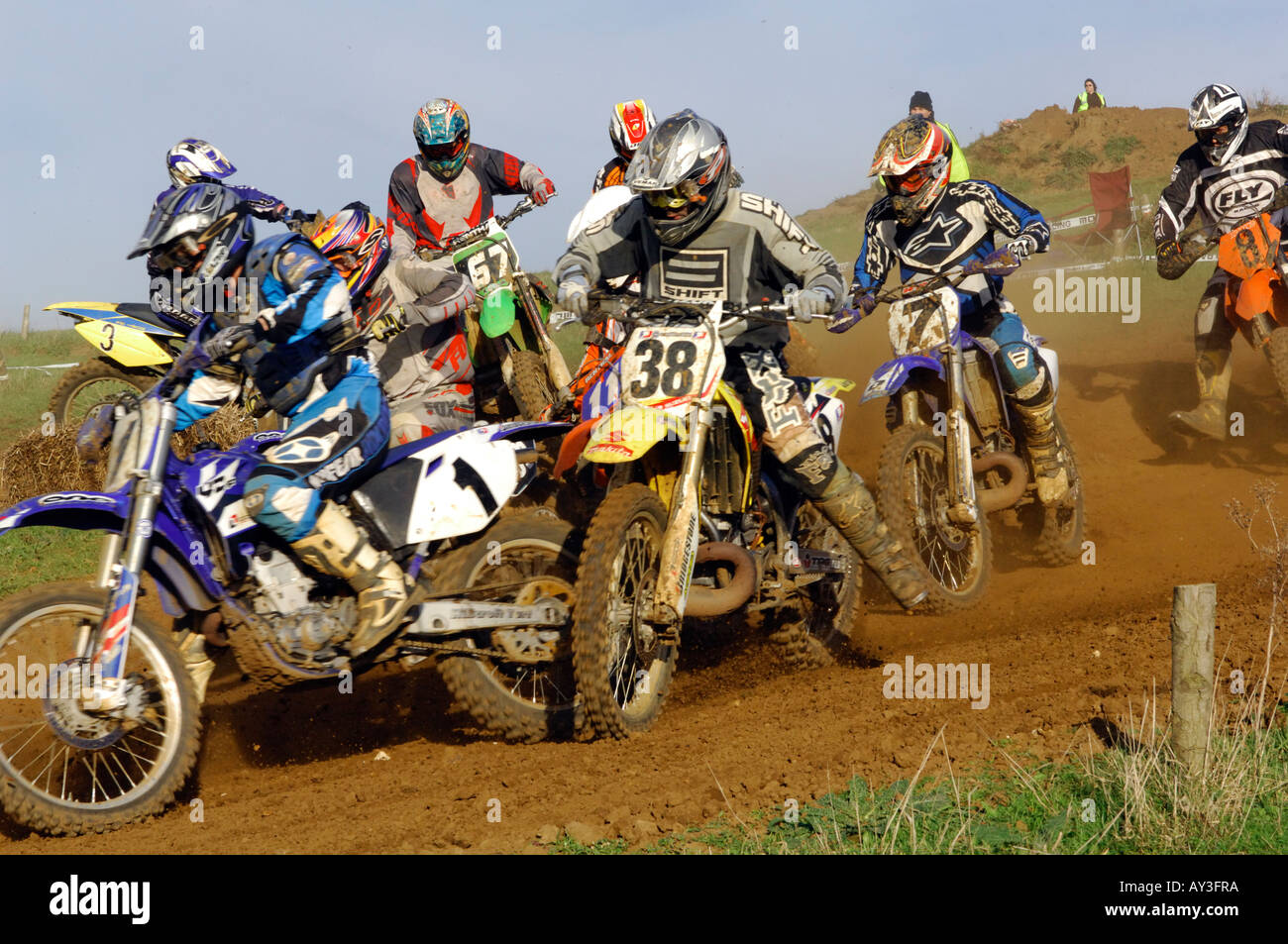 a guy rider on a motocross bile motorcycle jumping and racing big air Stock Photo