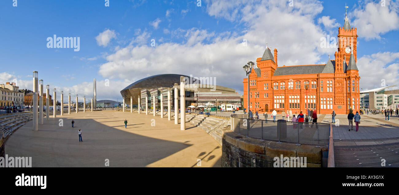 A 3 picture stitch panoramic of The Wales Millennium Centre, Roald Dahl Plass and the Pierhead Building Cardiff Bay. Stock Photo