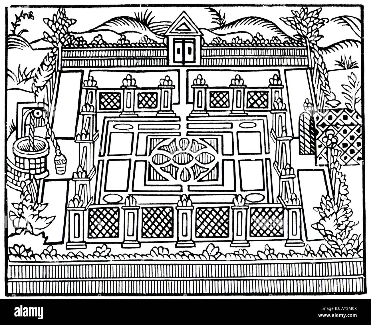 THE GARDENER'S LABYRINTH by Thomas Hill printed in 1571 showing beds enclosed by an inner fence and outer hedged pallisade