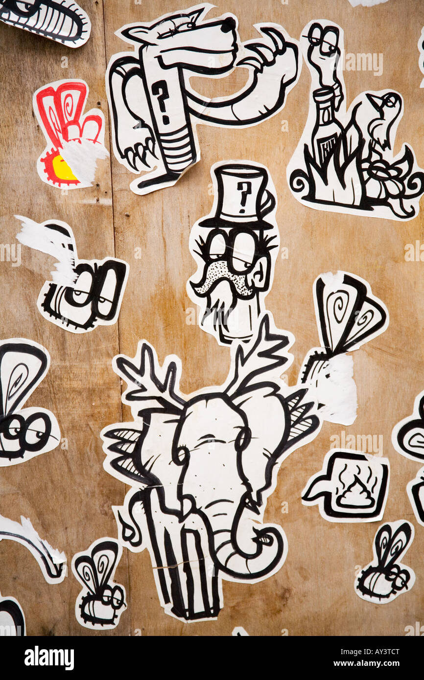 cartoon stickers on wood Stock Photo