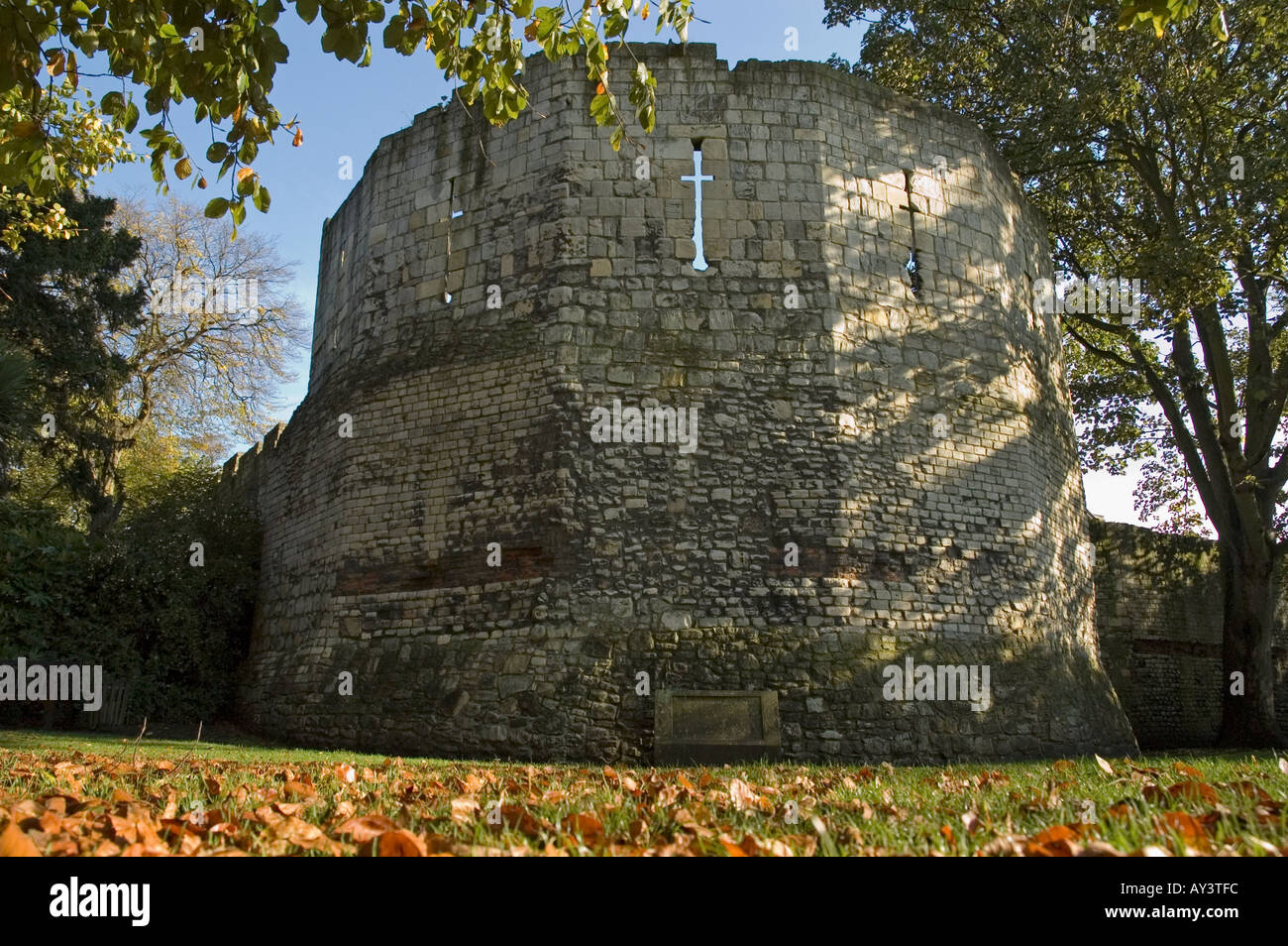 The north west tower of Yorks roman defensive wall The later stonework on the top is medieval Stock Photo